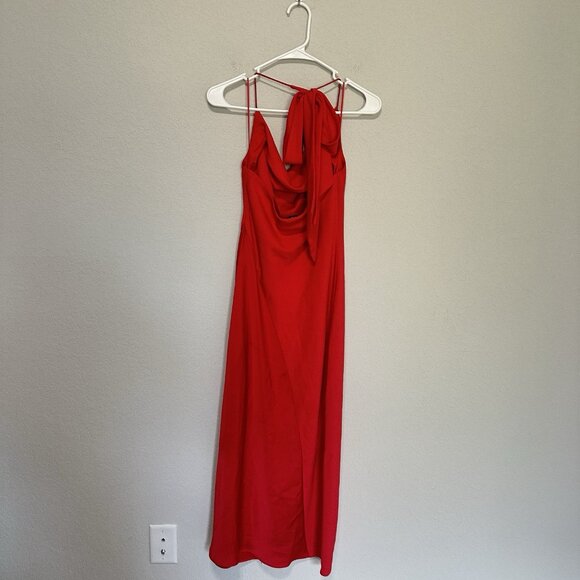 Cushnie Target Red Cowl Neck Slip Midi Dress Womens 6 Satin Leg Slit Tie Neck - Picture 2 of 10